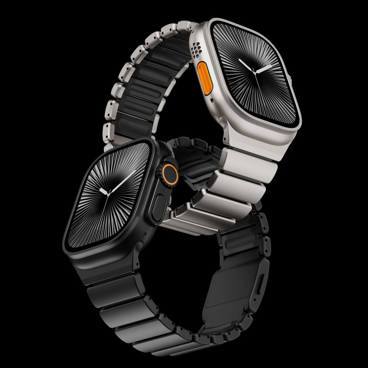Black and titanium link bands on Apple Watch, dark background