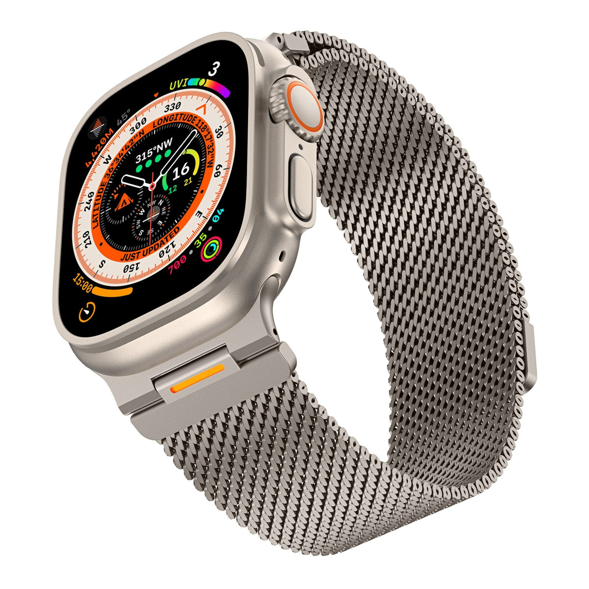 Milanese mesh stainless steel band on a 49 mm smartwatch