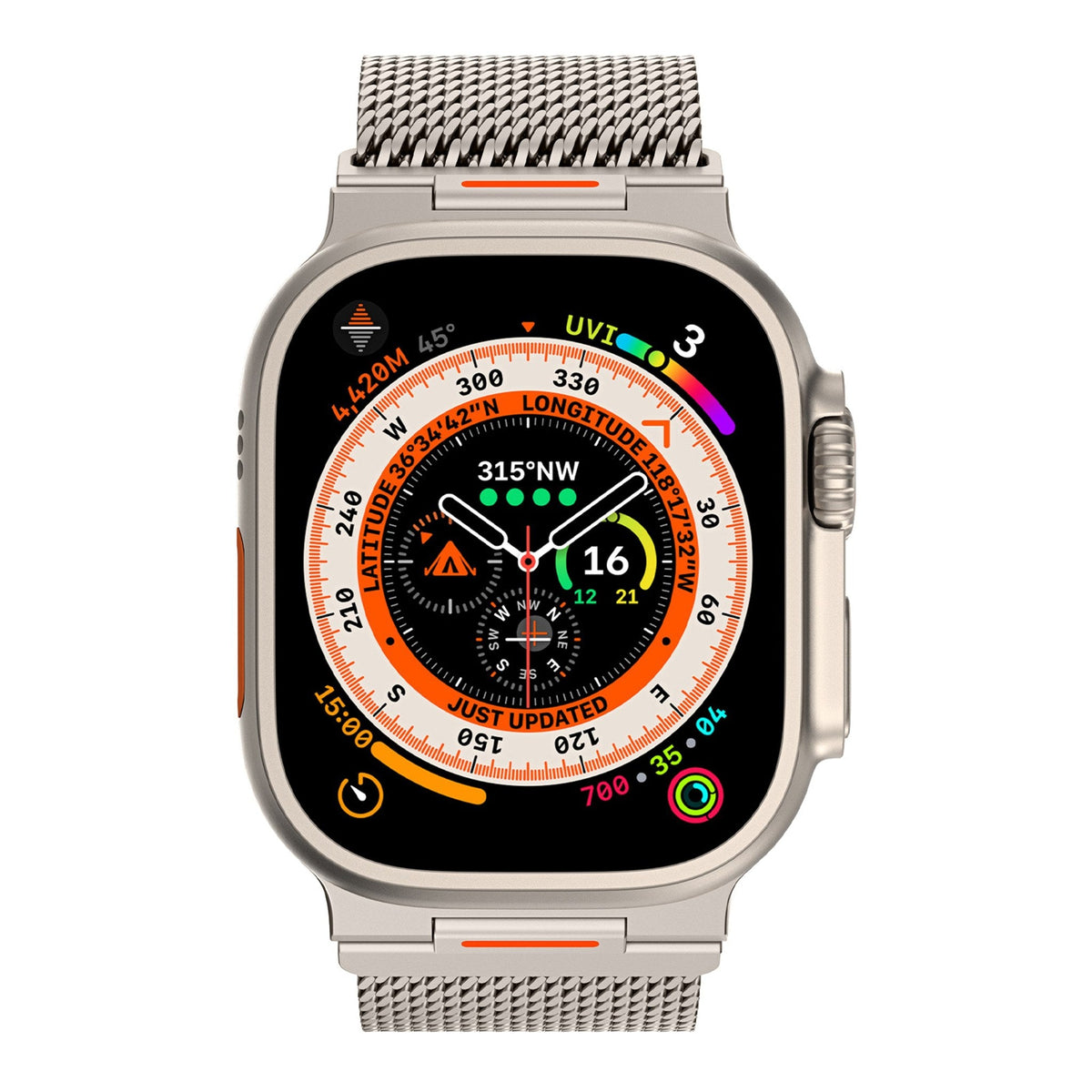 Milanese mesh stainless steel band on a 49 mm smartwatch
