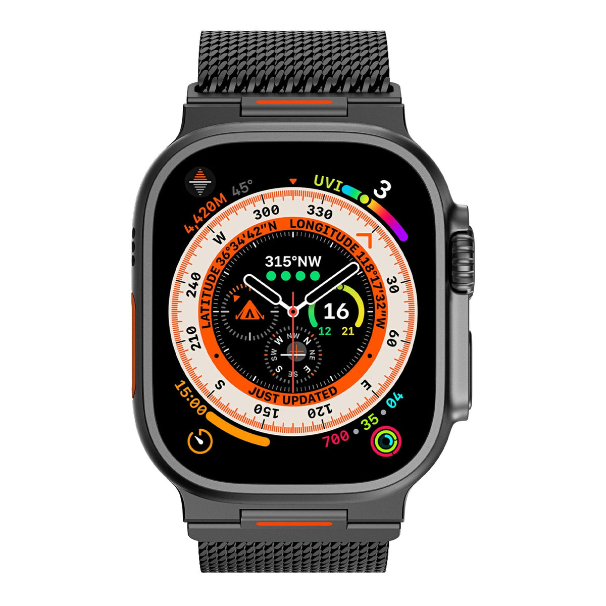 Milanese mesh stainless steel band on a 49 mm smartwatch
