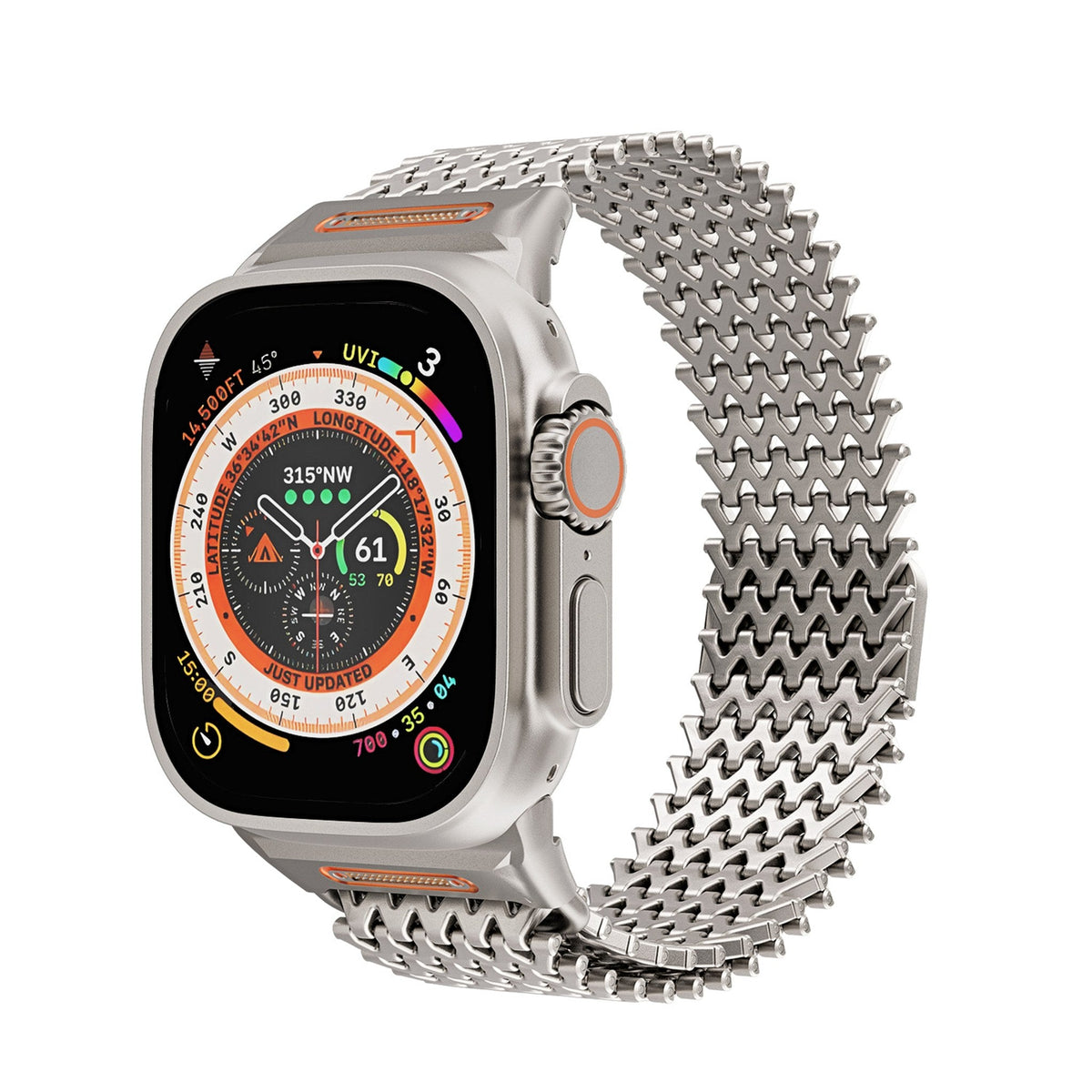 W-link scale pattern stainless steel band on a smartwatch