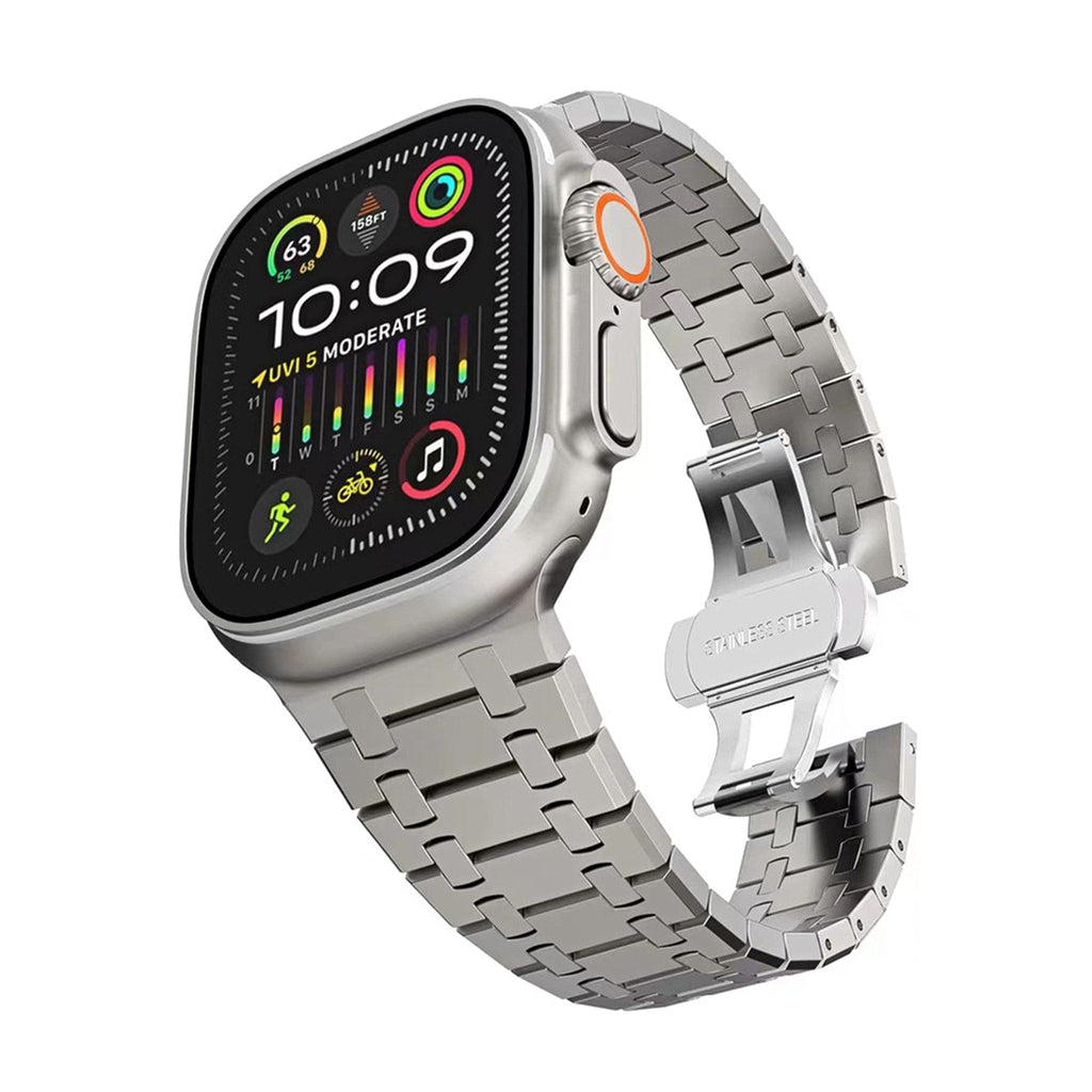 5-link stainless steel band with butterfly clasp on a 49 mm smartwatch