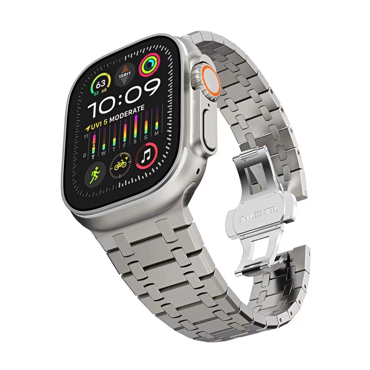 5-link stainless steel band with butterfly clasp on a 49 mm smartwatch