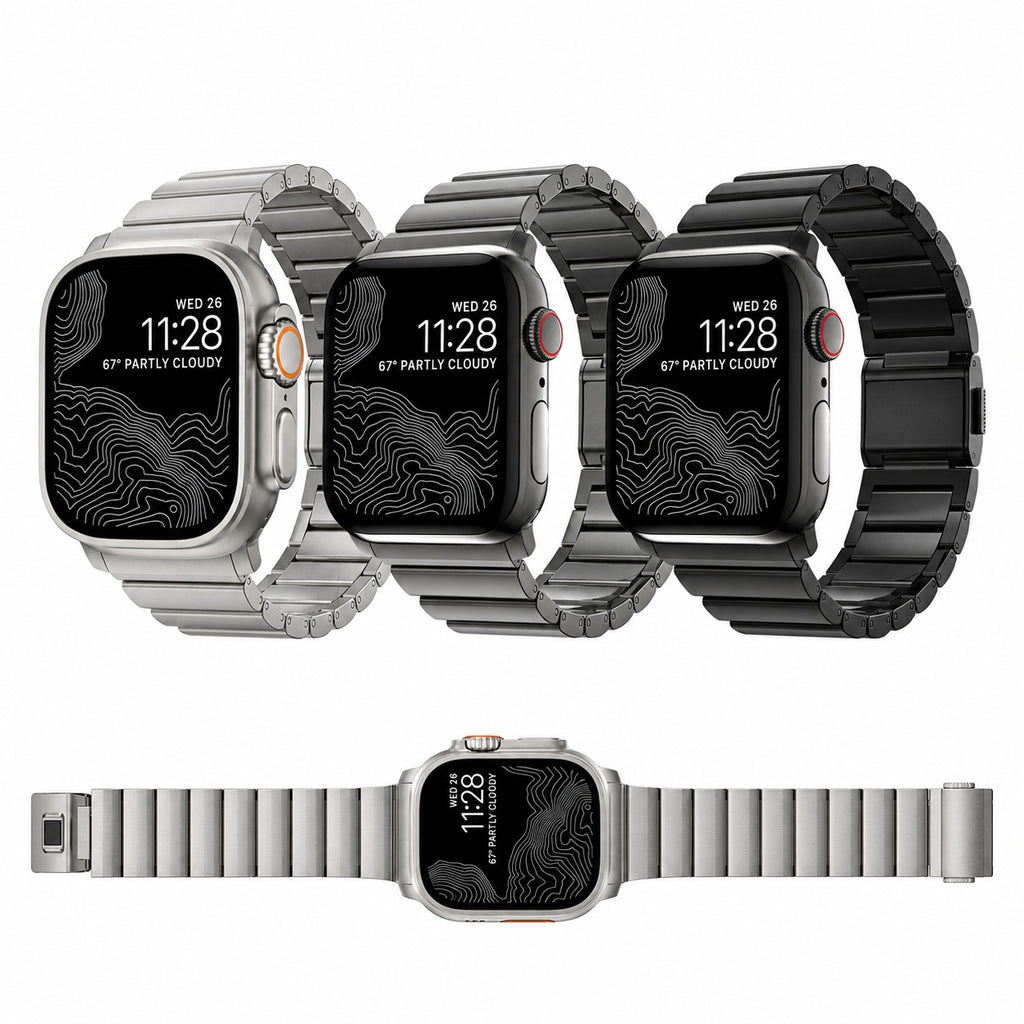 Flat-Link Titanium Band for Apple Watch, Natural Titanium, Gray and Black, three colors side by side