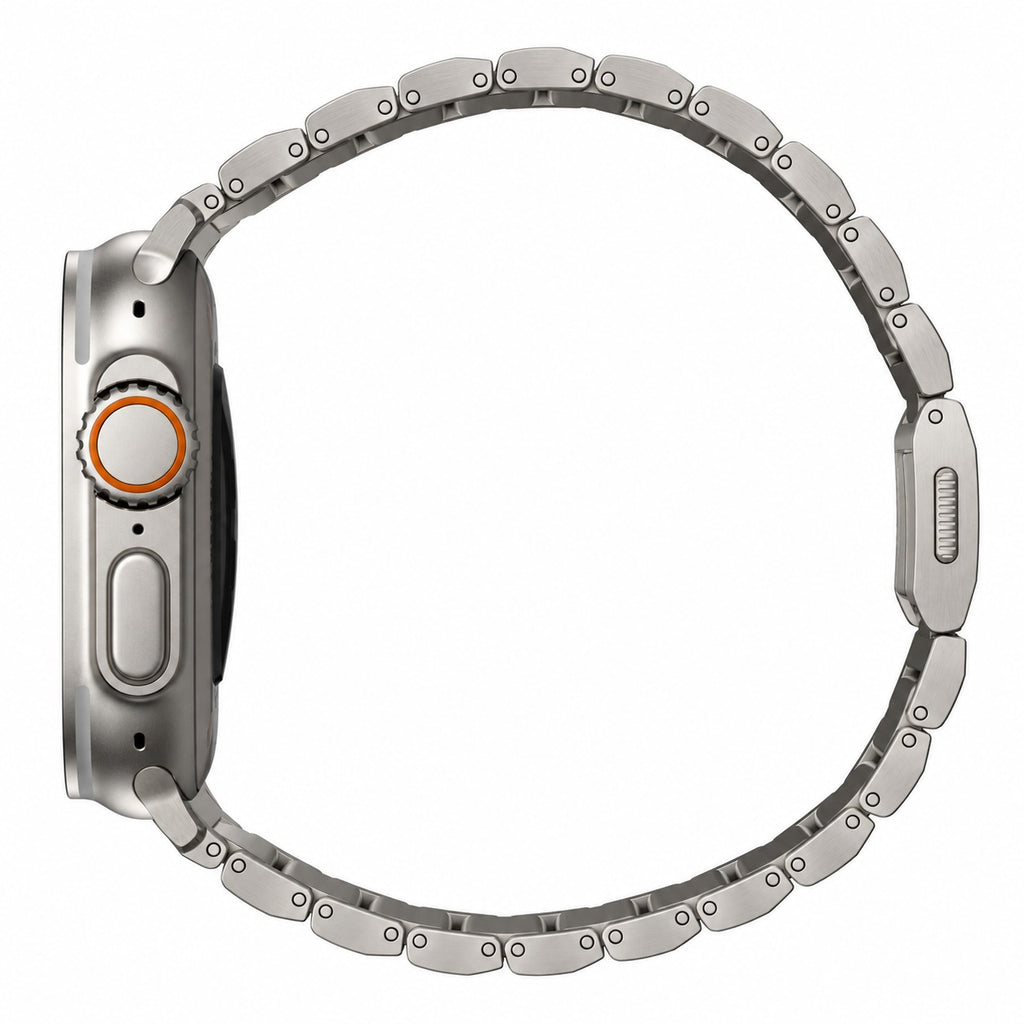 Flat-Link Titanium Band for Apple Watch, Natural Titanium, side view showing the clasp