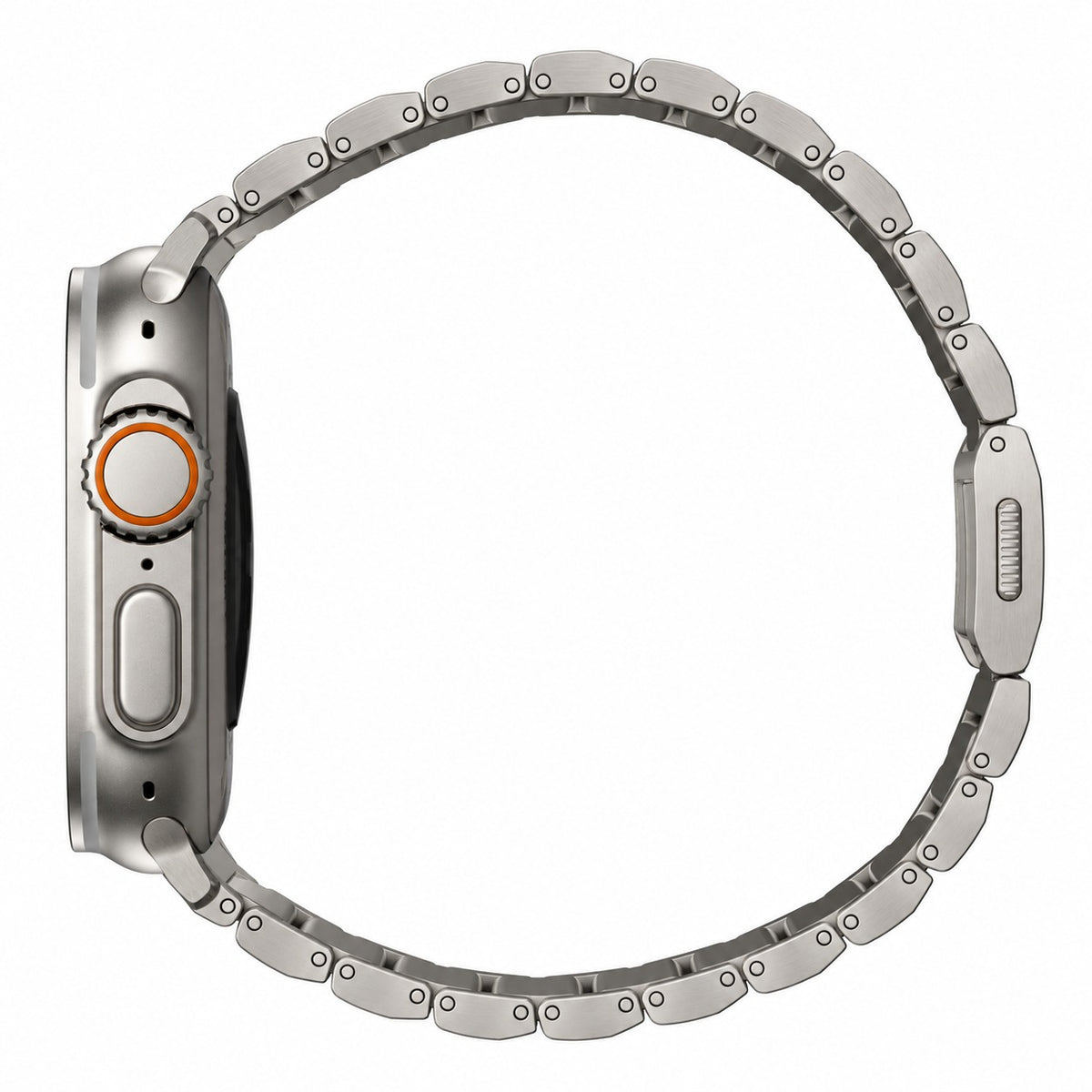 Flat-Link Titanium Band for Apple Watch, Natural Titanium, side view showing the clasp