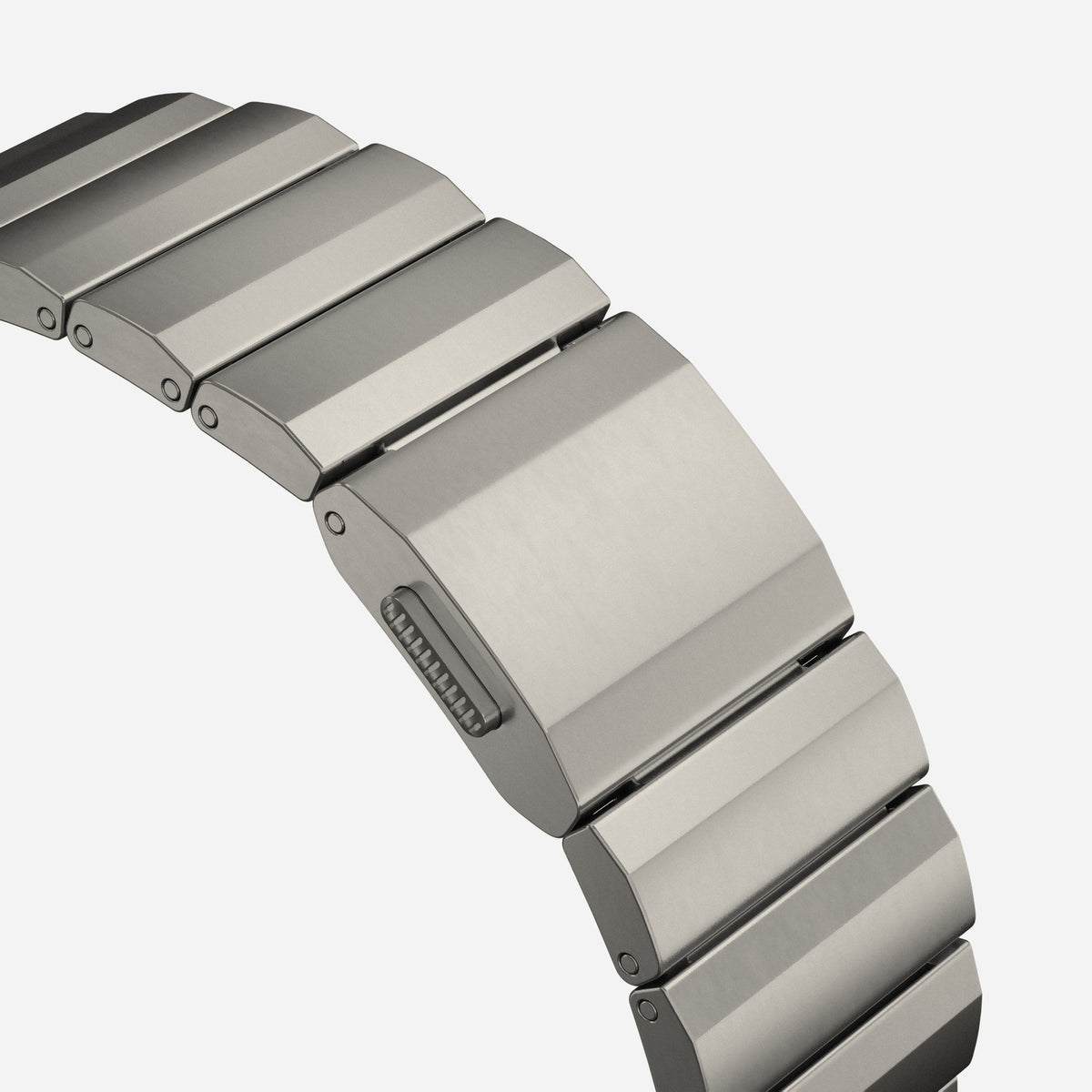 Flat-Link Titanium Band for Apple Watch, Natural Titanium, close-up of the brushed links