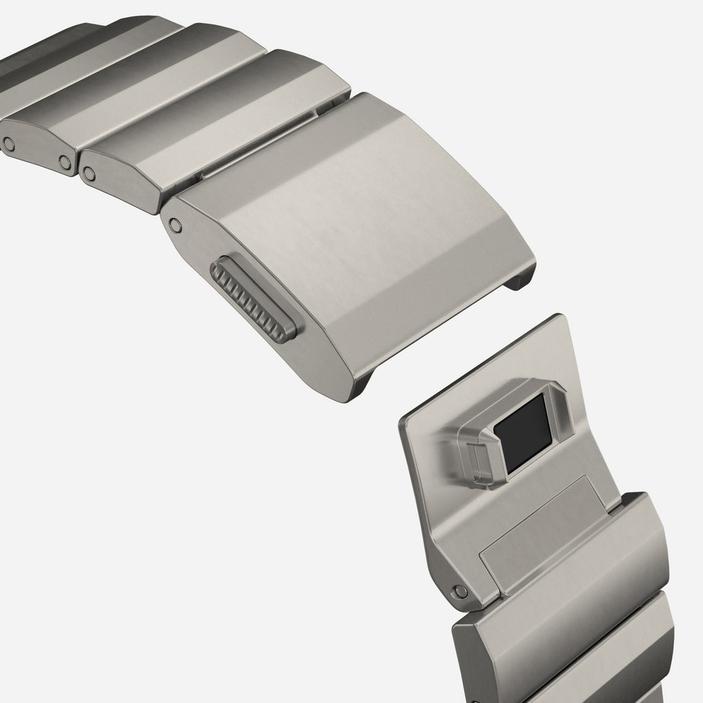 Flat-Link Titanium Band for Apple Watch, Natural Titanium, close-up of the push-button clasp, open