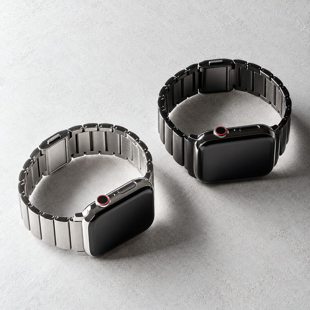 Flat-Link Titanium Band for Apple Watch, Natural Titanium and Black, two bands side by side