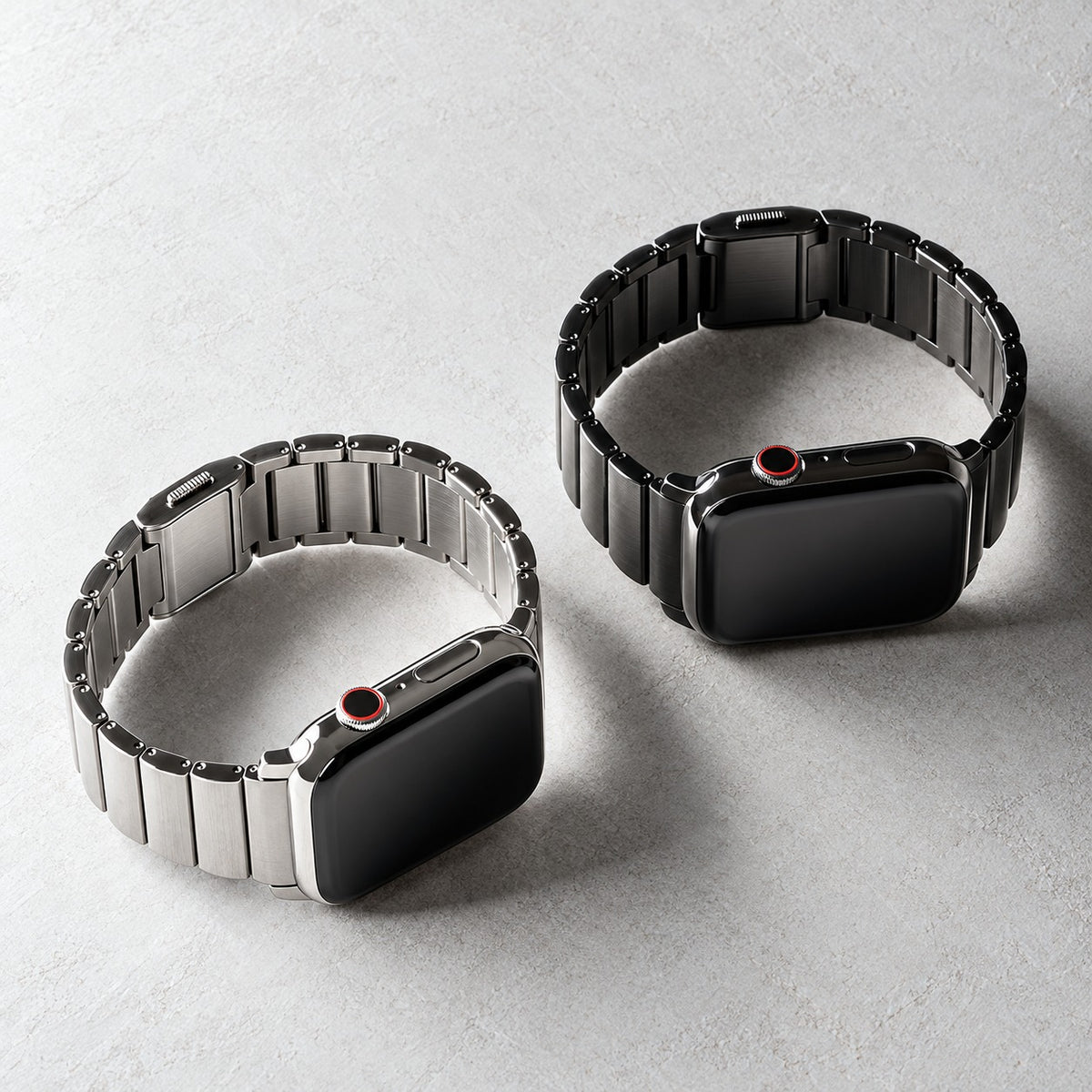 Flat-Link Titanium Band for Apple Watch, Natural Titanium and Black, two bands side by side
