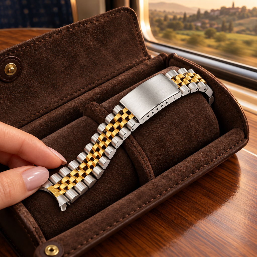 5-link curved end stainless steel watch bracelet in two-tone silver and gold