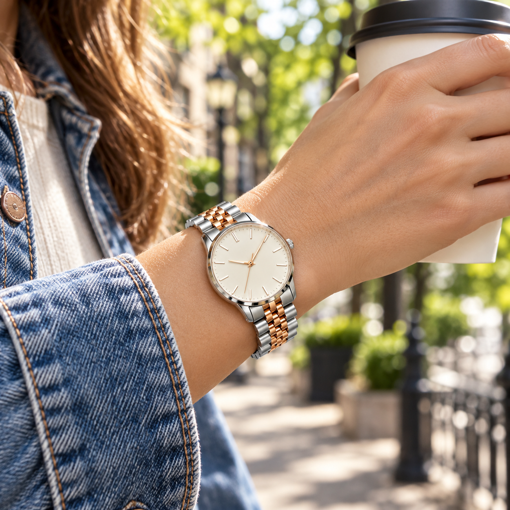 5-link curved end stainless steel watch bracelet in rose gold two-tone on the wrist