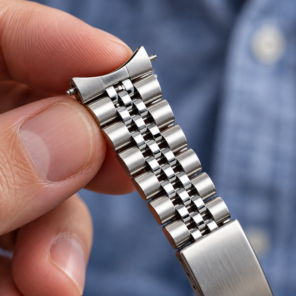 5-link curved end stainless steel watch bracelet curved end link close-up