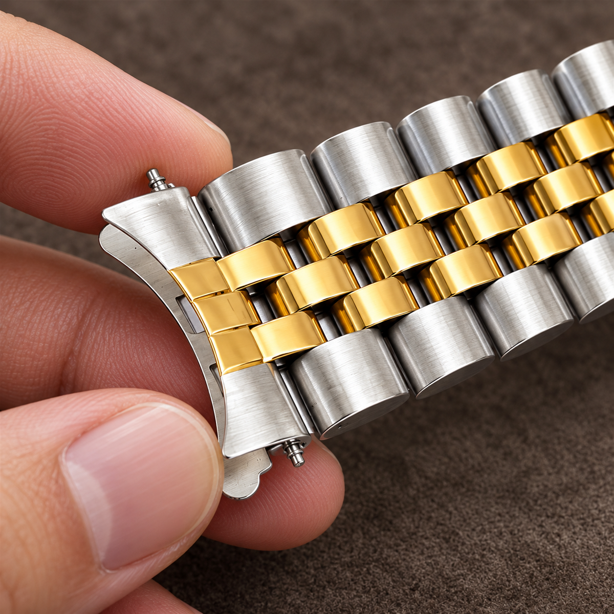 5-link curved end stainless steel watch bracelet curved end link close-up