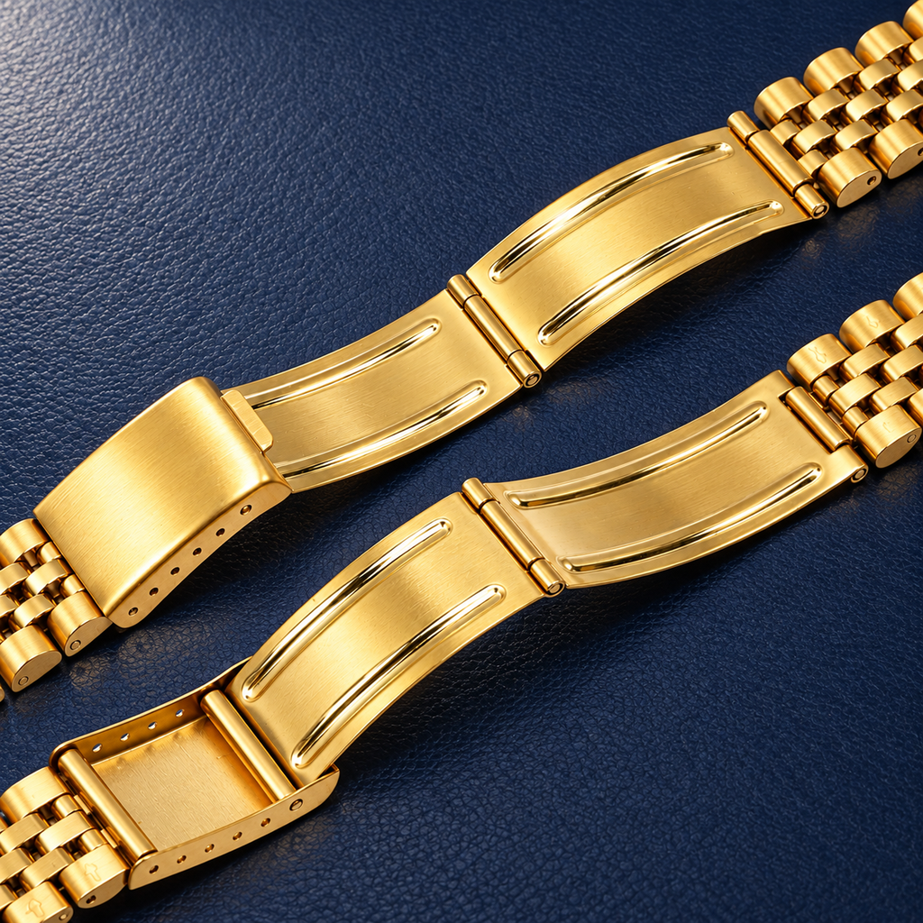 5-link curved end stainless steel watch bracelet folding clasp detail