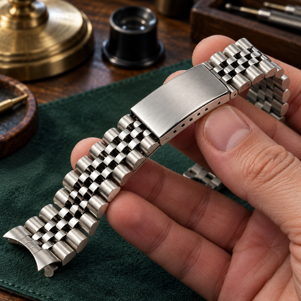 5-link curved end stainless steel watch bracelet brushed and polished links