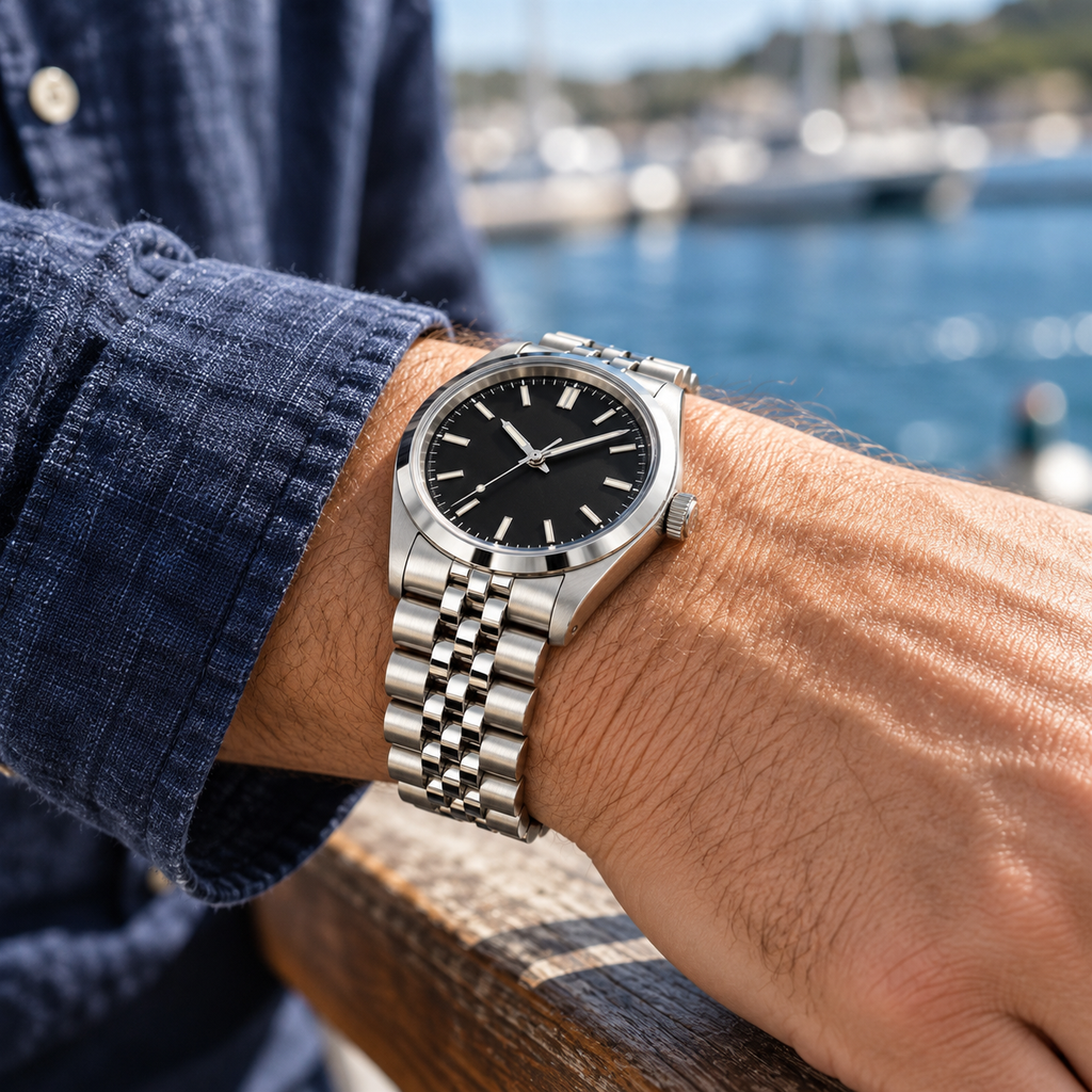 5-link curved end stainless steel watch bracelet on the wrist