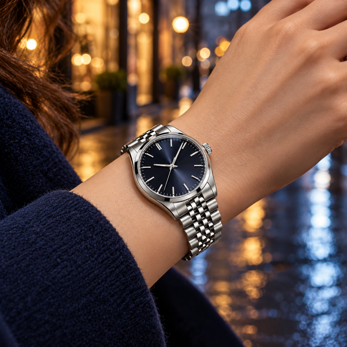 5-link curved end stainless steel watch bracelet on the wrist