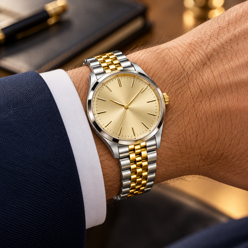 5-link curved end stainless steel watch bracelet two-tone on a dress watch
