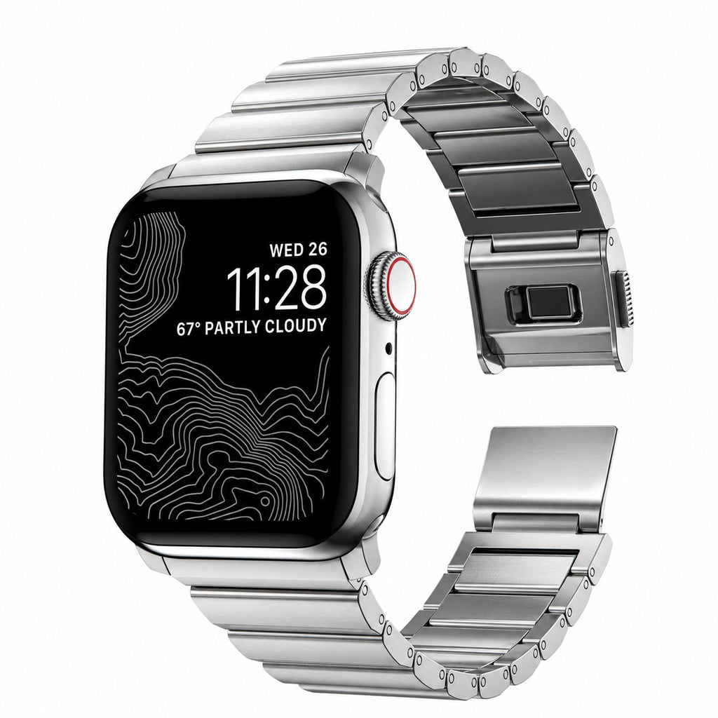Flat-Link Stainless Steel Band for Apple Watch, Silver, angled view
