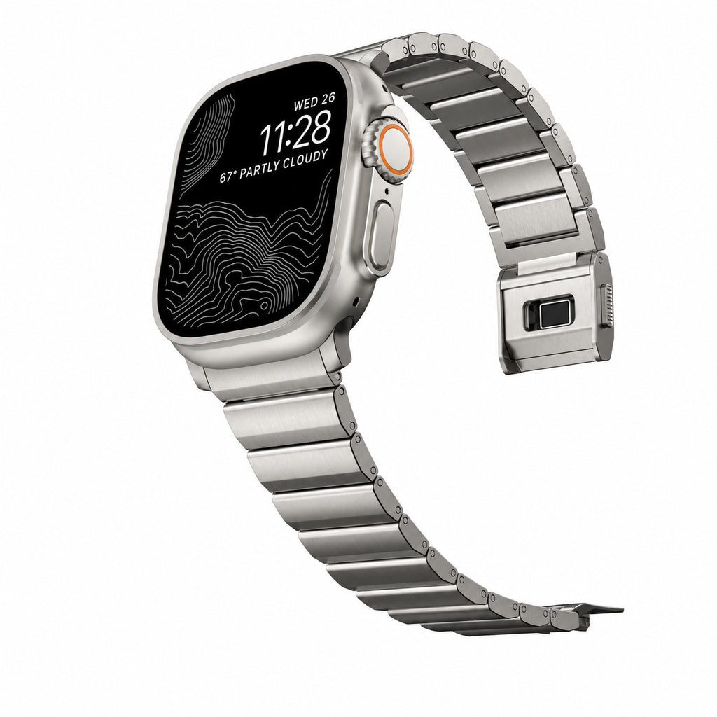 Flat-Link Stainless Steel Band for Apple Watch, Titanium Tone, angled view