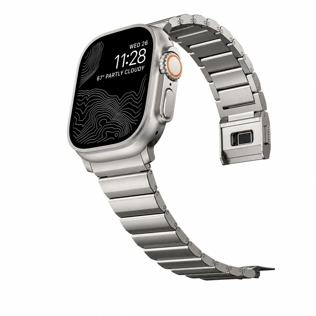Flat-Link Stainless Steel Band for Apple Watch, Titanium Tone, angled view