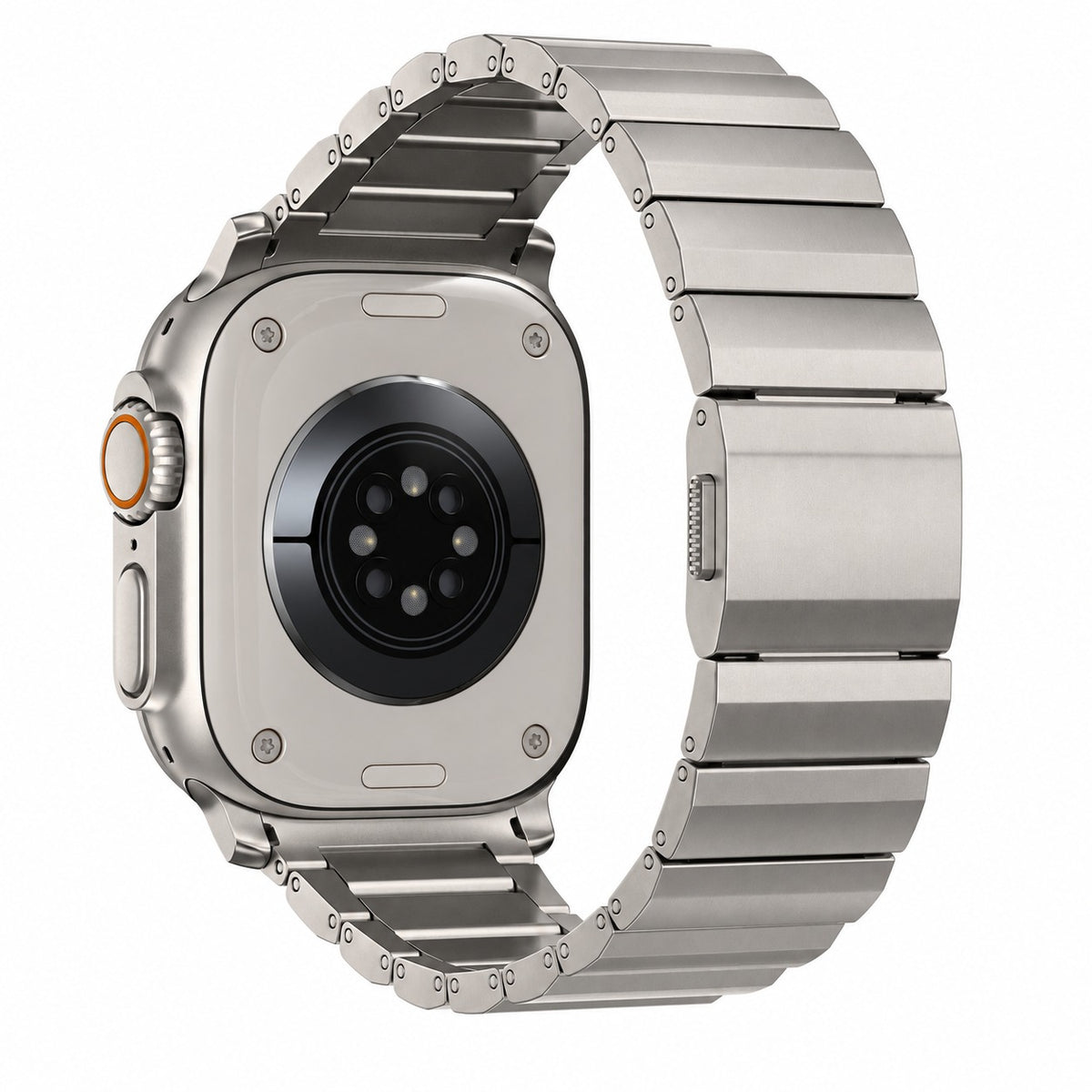 Flat-Link Stainless Steel Band for Apple Watch, Titanium Tone, back view on the case