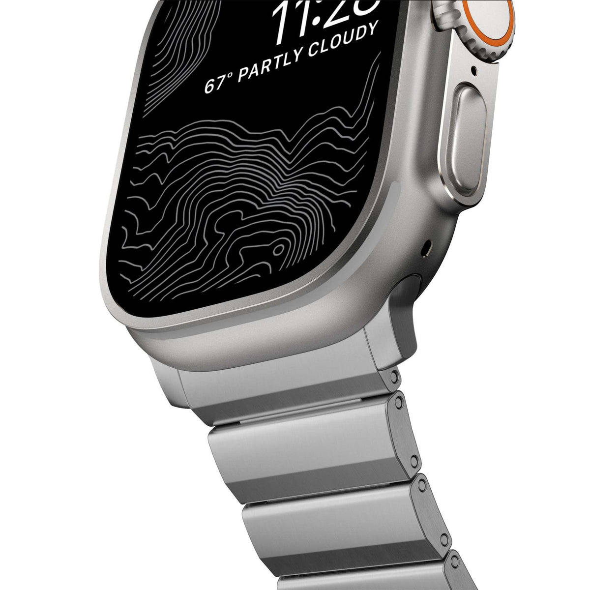 Flat-Link Stainless Steel Band for Apple Watch, Titanium Tone, close-up of the case and links