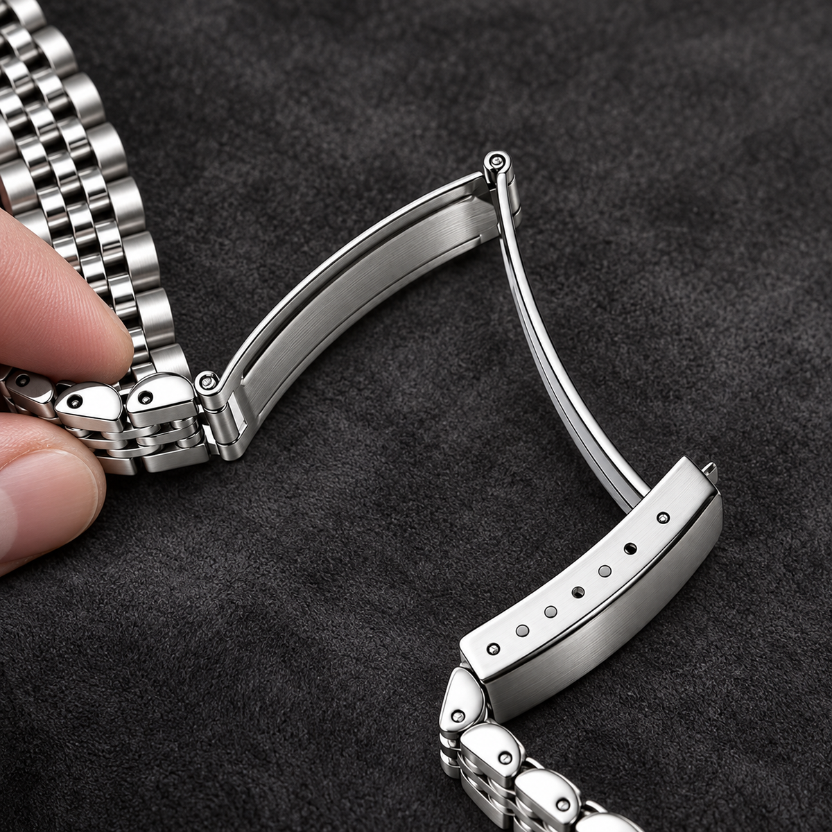 5-link curved end stainless steel watch bracelet folding clasp open