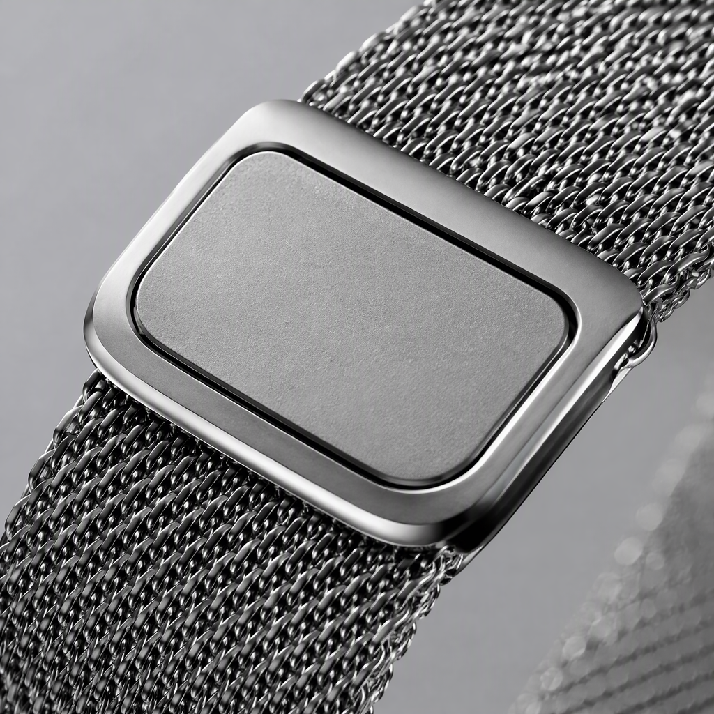 Strong magnetic clasp close-up on Milanese mesh band