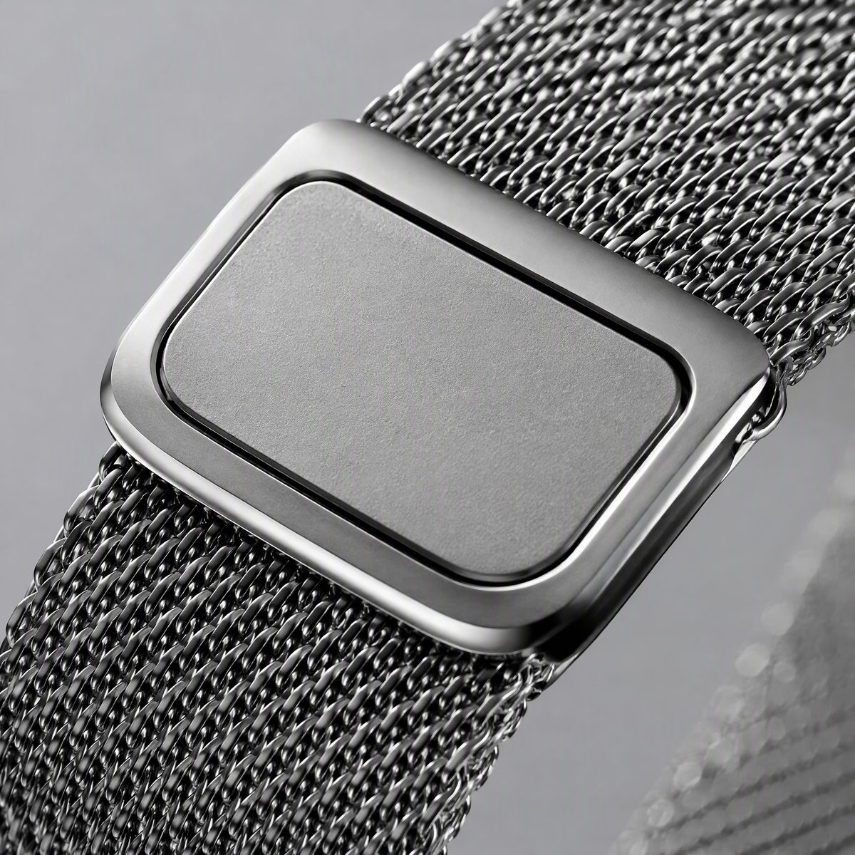 Strong magnetic clasp close-up on Milanese mesh band