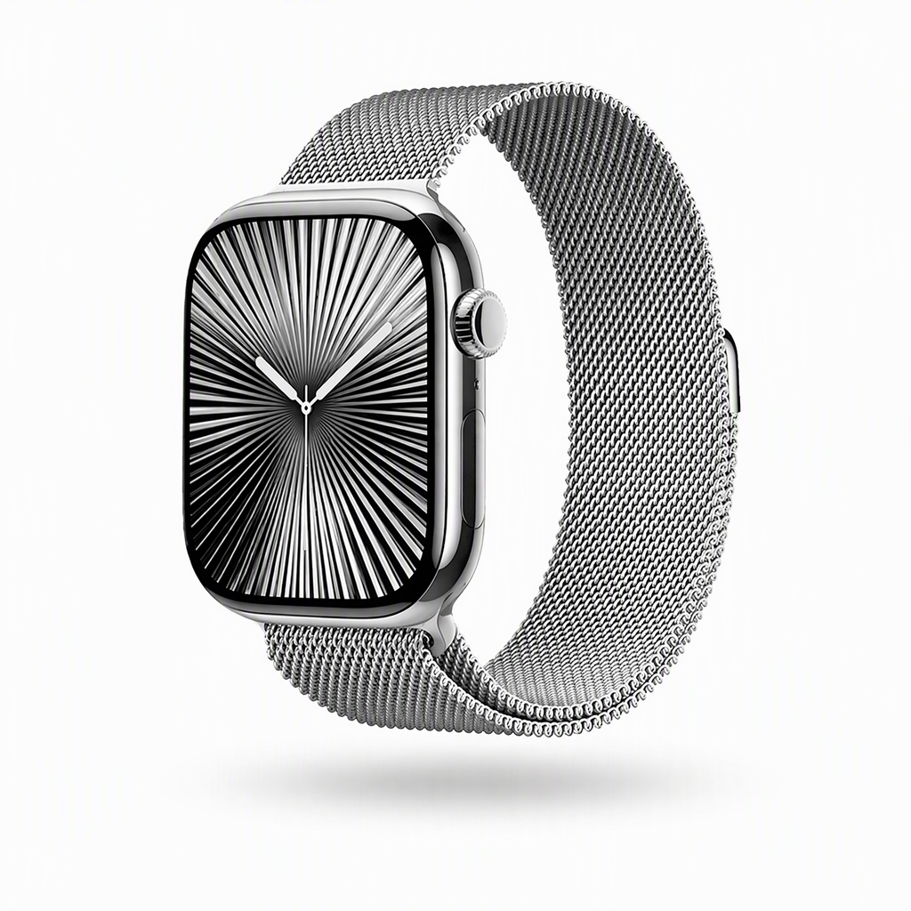 Silver Milanese mesh Apple Watch band, brushed and polished