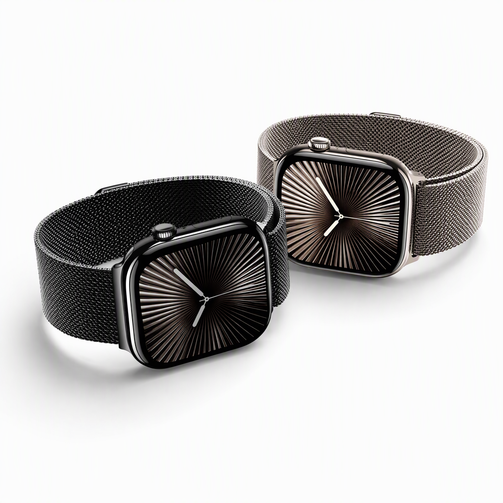 Magnetic Milanese mesh Apple Watch bands in Slate and Natural