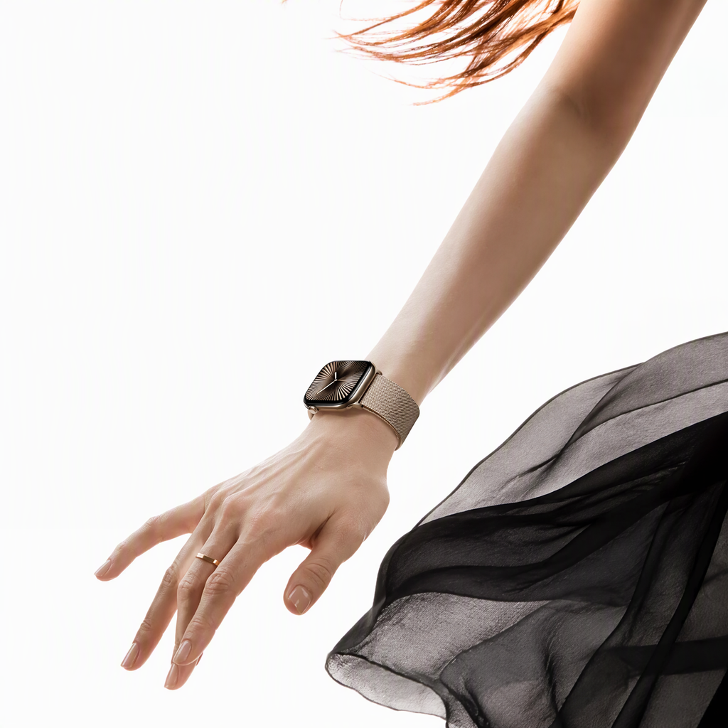 Milanese mesh Apple Watch band styled with a dress