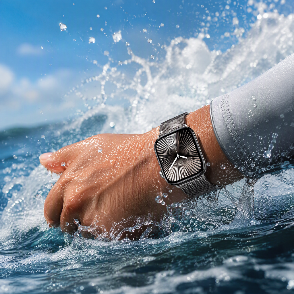 Stainless steel Milanese Apple Watch band with water splash
