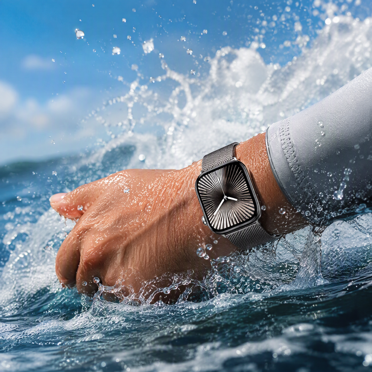 Stainless steel Milanese Apple Watch band with water splash