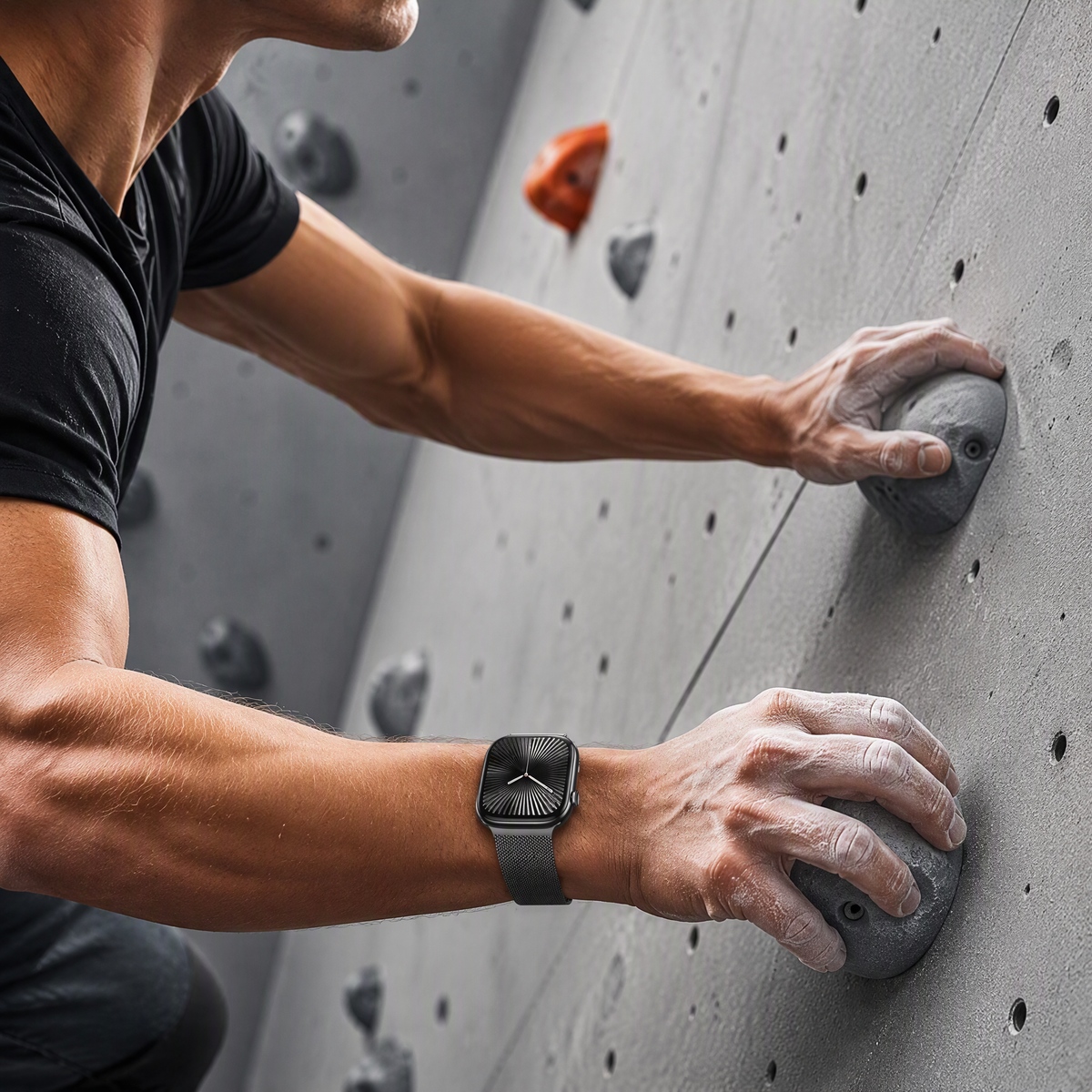 Milanese Apple Watch band worn outdoors while climbing