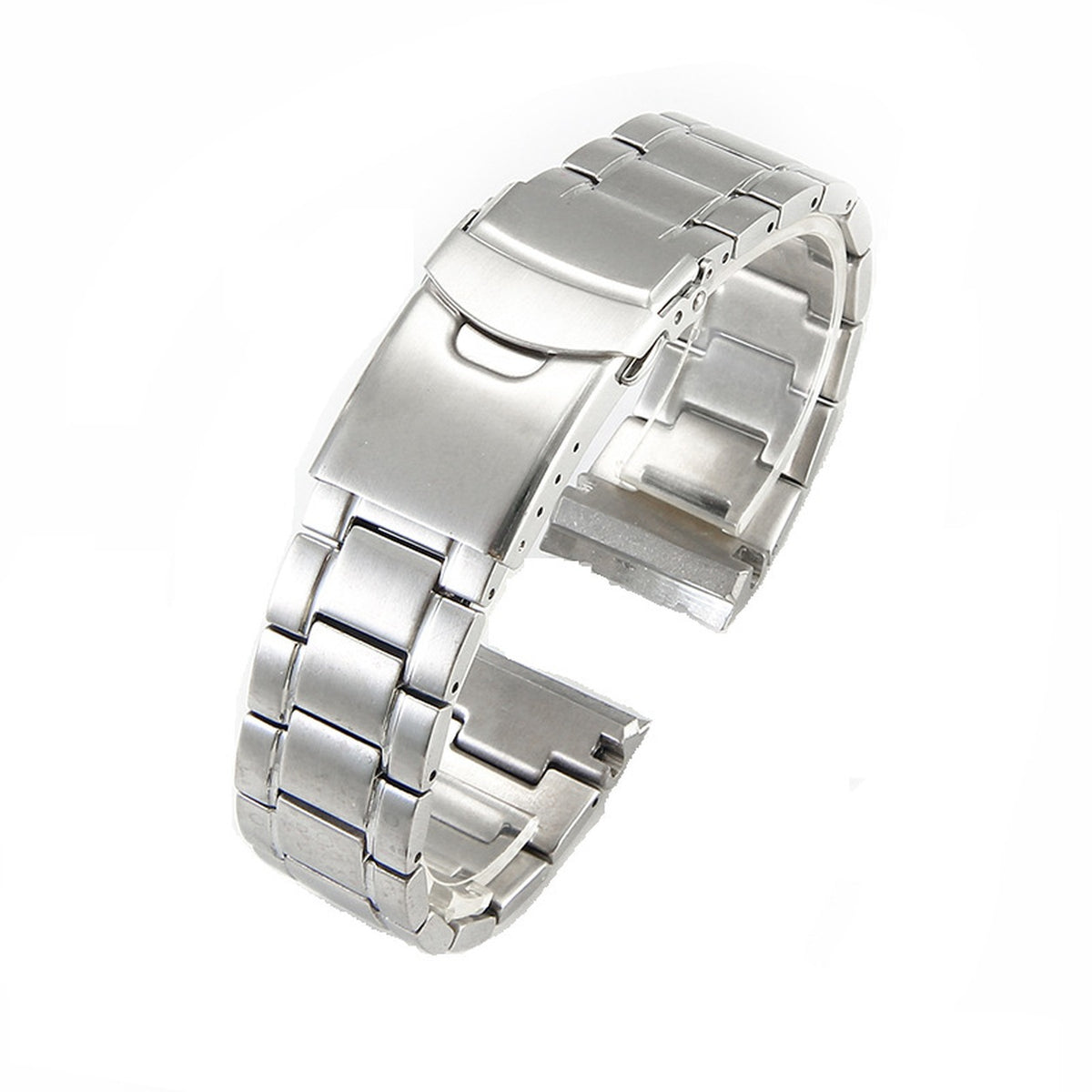 Silver curved end stainless steel watch bracelet on white background