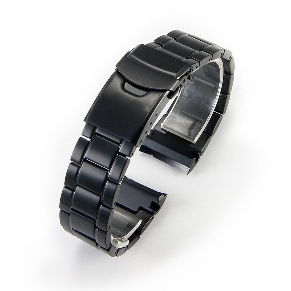 Black curved end stainless steel watch bracelet on white background