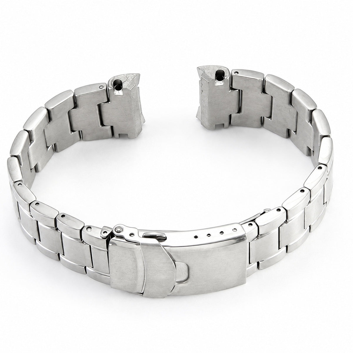 Silver bracelet showing solid curved end links on white background