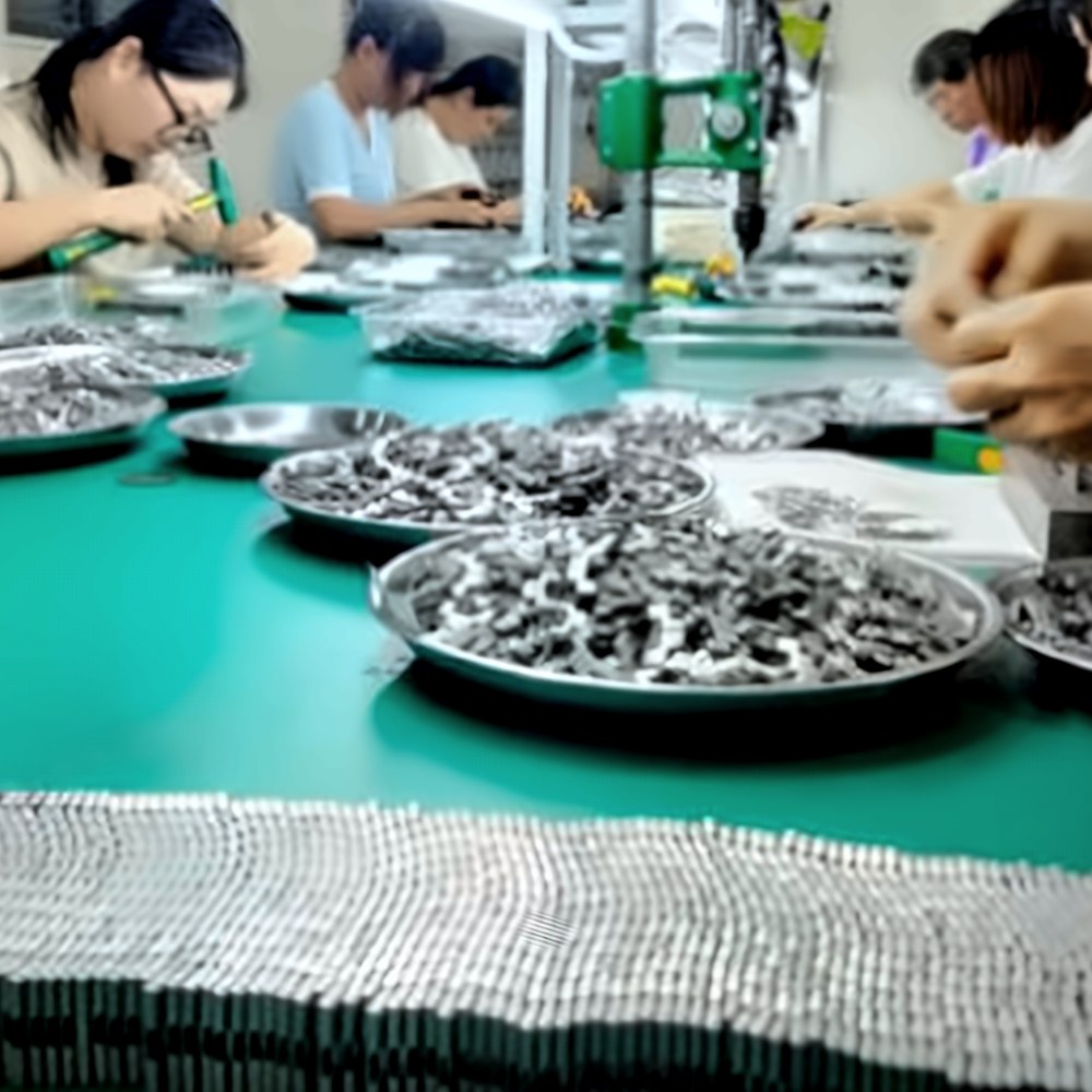 Bracelet links laid out on the assembly line in our Jieyang workshop